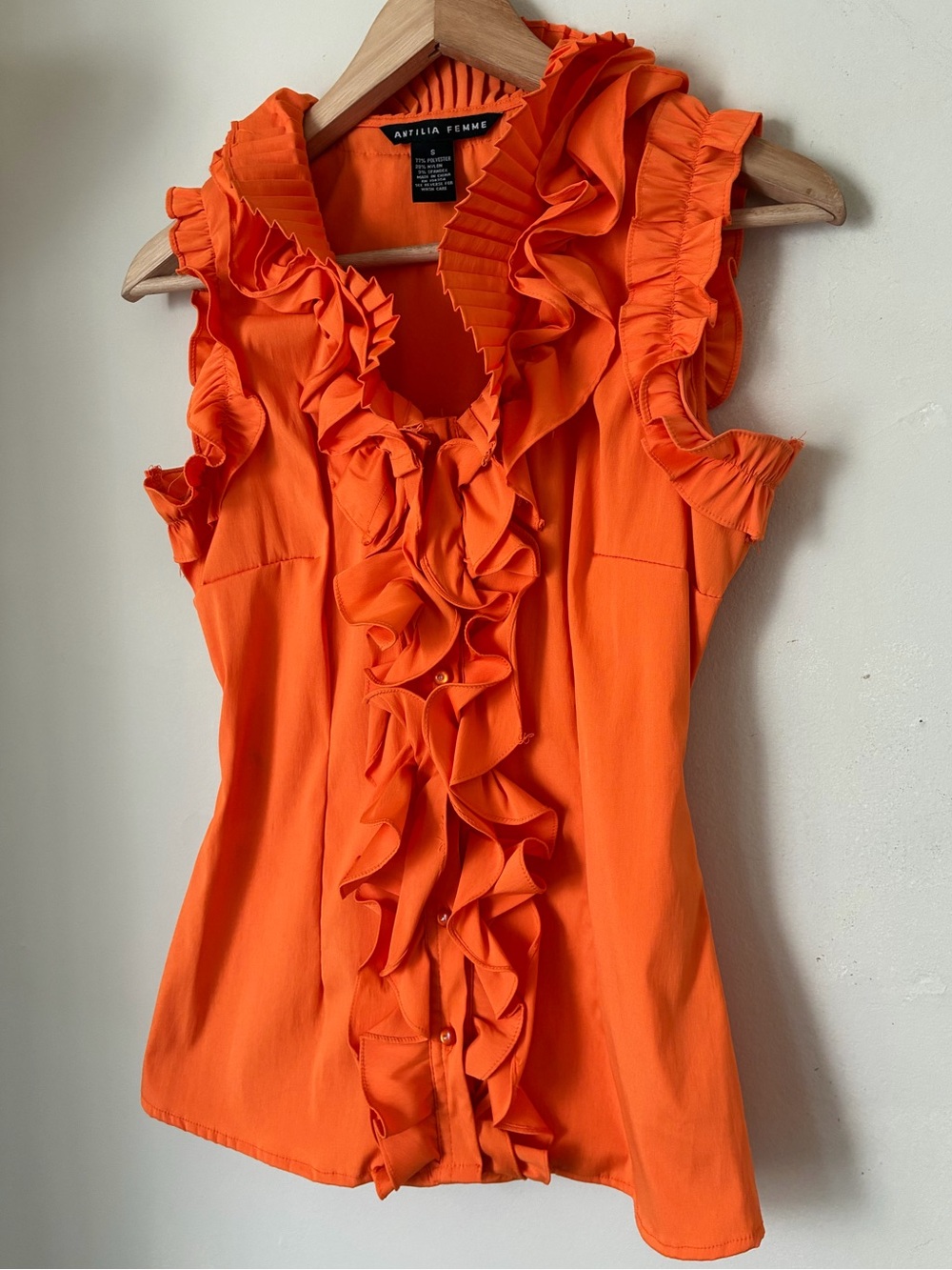 Antilia Femme Orange Ruffle Sleeveless Blouse Pleated Collar Back Tie Top Casual